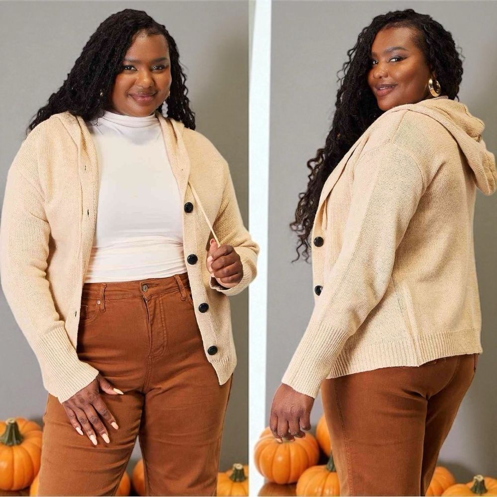 Tan Button-Down Long Sleeve Hooded Sweater NWT - Woven Right - Picture 2 of 12